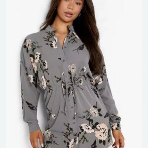 Floral Gray Shirt Dress Button Down with Tie